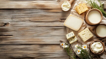 Poster - A rustic wooden table displays an array of dairy delights, including fresh milk, assorted cheeses, and creamy butter, perfect for any feast. Generative AI