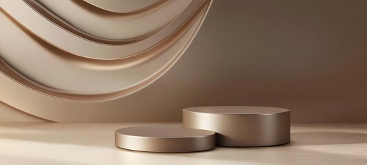 Fototapete - 80. A smooth podium with a matte metallic finish, set against a neutral-toned background, creating an open space for product display.