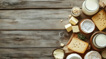 Poster - A rustic wooden table displays an assortment of dairy products like milk, cheese varieties, and butter, creating an inviting atmosphere. Generative AI