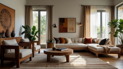 Wall Mural - Sunlit living room with L-shaped sofa, wooden furniture, and earthy tones.