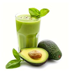 Wall Mural - Glass of fresh avocado smoothie with basil leaves on white background