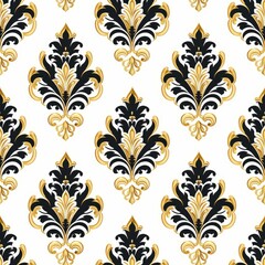 Poster - Luxurious black and gold damask pattern repeating on white background