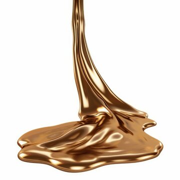 Stream of molten gold forming a puddle on white background