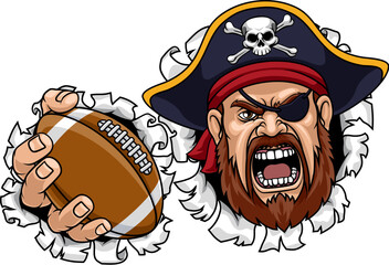 Wall Mural - A Pirate man holding American Football ball sports team cartoon charcater mascot illustration.