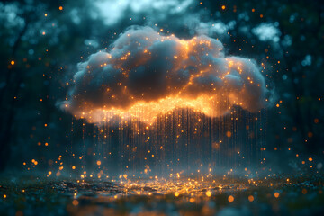 Wall Mural - Fiery cloud raining golden sparks in a mystical forest setting.