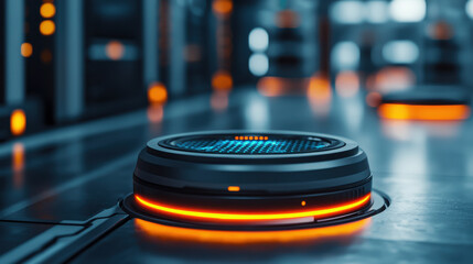 Poster - Futuristic technology with glowing circular device in modern setting