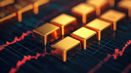 Poster - Gold bars glistening on financial market chart showing price fluctuations