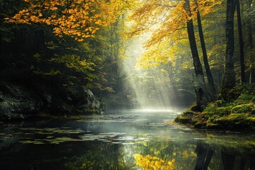 Wall Mural - Sunlight filters through autumn leaves in a serene forest, illuminating a tranquil river scene with vibrant yellow foliage and calm reflective water.