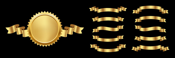 Wall Mural - gold medal with different horizontal ribbons. 3d realistic golden award vector set isolated on black