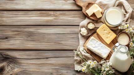 Poster - A rustic wooden table displays an assortment of dairy products, featuring creamy cheeses, fresh butter, and glass jars of milk. Generative AI