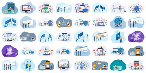 set flat vector illustration design style concept. with business cartoon character design. social media and digital marketing online connection. online education. data analytics. finance investment.
