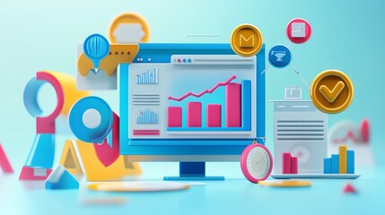Poster - 3D rendering of a computer monitor displaying a graph with icons around it.