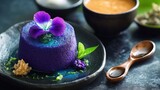 Delicate purple dessert with edible flower atop, presented elegantly on a black plate, accompanied by rich sauce and garnishes, perfect for culinary artistry and gourmet photography.
