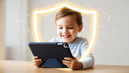 child smiling while using tablet, surrounded by digital shield symbolizing safe online environments.