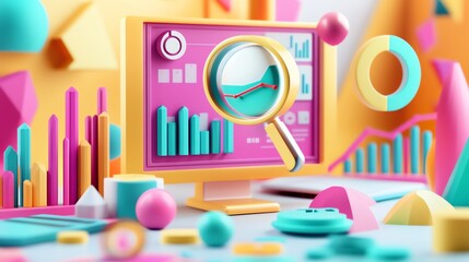 Poster - 3D rendering of a computer monitor with a magnifying glass over a graph.