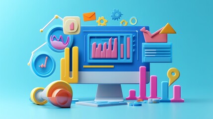 Poster - A 3D illustration of a computer screen with colorful icons and charts representing data and analytics.