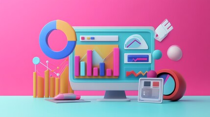 Poster - A 3D illustration of a computer screen with colorful icons and charts representing data and analytics.