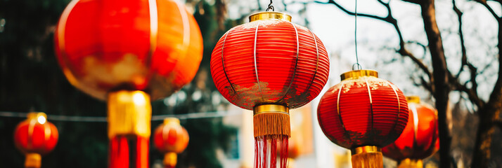 Elegant Lanterns in Festive Colors: Red and gold glow on a busy street.
