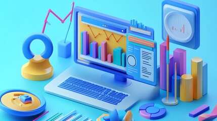 Poster - A 3D illustration of a computer screen with colorful icons and charts representing data and analytics.