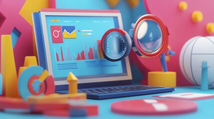 Poster - A 3D illustration of a computer screen with colorful icons and charts representing data and analytics.