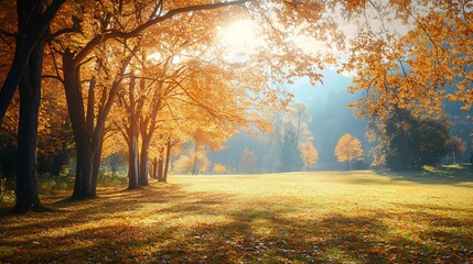 Wall Mural - Autumn landscape, golden trees, sunlight, meadow