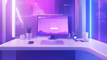 Aufkleber - A modern workspace featuring a computer, plant, and ambient lighting for a tech-savvy environment.