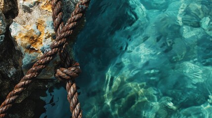 Aufkleber - A close-up of a weathered, rusted rope against the backdrop of clear blue water, with soft natural light accentuating the worn texture of the rope