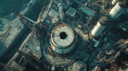 Poster - A crisp overhead shot of a nuclear power plant, with reactors and cooling towers clearly visible, providing a comprehensive view of the industrial site