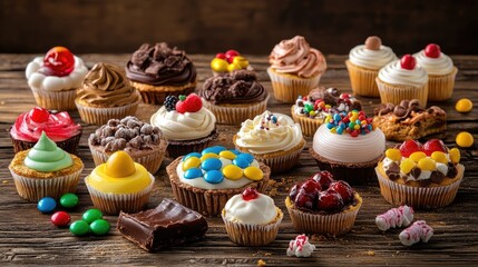 Poster - A lively and colorful assortment of desserts, including mousse, brownies, and tartlets, elegantly arranged on a rustic wooden surface with candies scattered around
