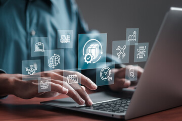 logistic and transport concept, businessman using laptop with supply chain technology for logistic m