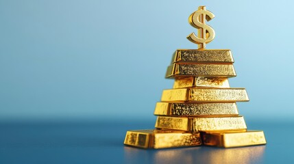 Aufkleber - A stack of glittering gold bars with a dollar sign placed on top, set against a soft blue backdrop, representing prosperity and financial success