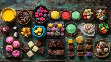 Poster - A vibrant flat lay of assorted colorful desserts on a rustic wooden table, including candies, cupcakes, brownies, and mousse, arranged artistically