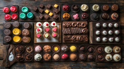 Poster - A vibrant flat lay of assorted colorful desserts on a rustic wooden table, including candies, cupcakes, brownies, and mousse, arranged artistically