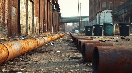 Poster - A wide shot of rusted metal pipes aligned on dirt-covered ground, next to a group of trash cans, creating a scene of industrial decay and neglect