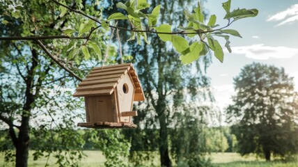 A charming wooden birdhouse hangs from a branch, surrounded by lush greenery and a clear sky, creating a peaceful outdoor scene.