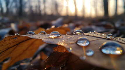 Poster - Water droplets glisten on leaf in serene forest setting, capturing essence of nature beauty at sunrise