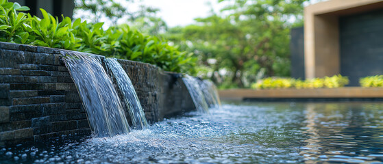 Poster - cascading fountain with water flowing in controlled manner, surrounded by lush greenery, creates serene and tranquil atmosphere in modern garden setting