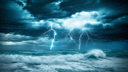 Poster - dramatic image of lightning storm over ocean captures power and beauty of nature with dark clouds and crashing waves