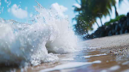 Poster - dramatic image of powerful wave crashing onto sandy beach, with palm trees in background under bright blue sky. scene captures energy and beauty of nature