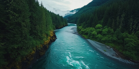 Aufkleber - serene river flowing rapidly through lush forest, showcasing vibrant greenery and misty mountains in background, creating tranquil and picturesque landscape