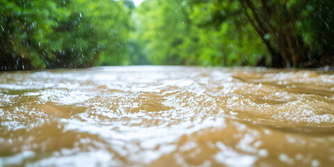 Aufkleber - river surging after heavy rains, overflowing its banks with turbulent water, surrounded by lush green trees. scene captures power and beauty of nature in motion