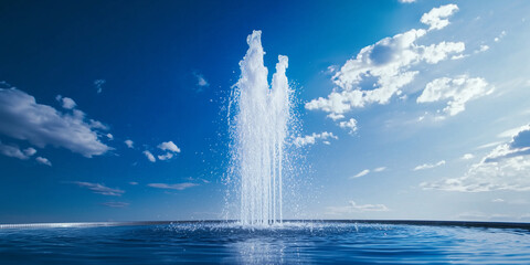 Poster - water jet shoots high into sky from fountain, set against vibrant blue sky with scattered clouds, creating serene and refreshing atmosphere
