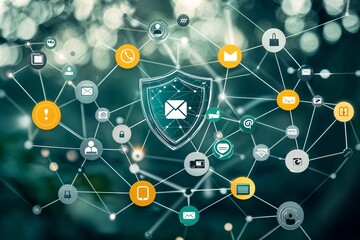Poster - a concept image of a digital shield with icons for social media and email, illustrating online prote