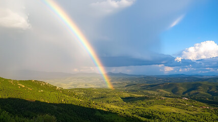 Poster - vibrant rainbow arches over lush rural landscape, casting serene glow after rainstorm, with expansive green fields and distant mountains under bright blue sky