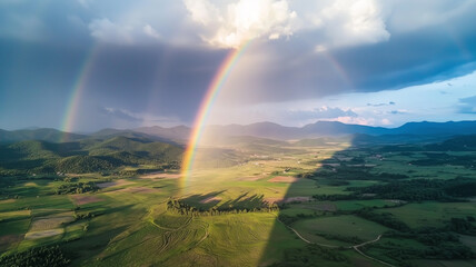 Poster - vibrant rainbow arches over lush rural landscape, casting colorful light across fields and hills under dramatic sky after rainstorm