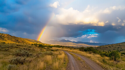 Poster - vibrant rainbow arcs over serene rural landscape, illuminating sky after rainstorm, with dirt road leading into distance under dramatic clouds