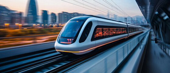 Poster - sleek high speed train glides through futuristic urban landscape, showcasing advanced technology and modern infrastructure. city skyline is illuminated, highlighting train speed and efficiency