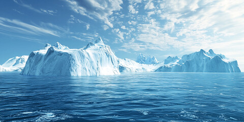 Poster - Massive glaciers melting into ocean symbolize effects of climate change, with serene blue waters and clear sky creating striking contrast