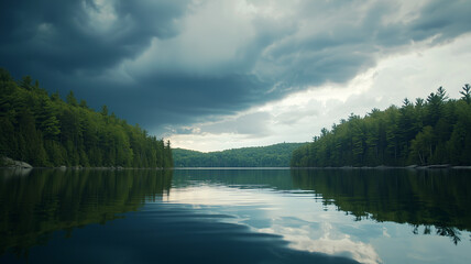 Aufkleber - serene lake reflects dramatic storm clouds moving in, surrounded by lush green forests under moody sky, creating tranquil yet ominous atmosphere
