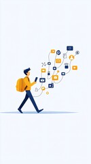 Poster - an animated depiction of a young person walking on a path lined with social media notifications, sym